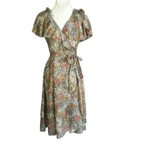 Samuel Blue Vintage 90s Autumn Floral Ruffle Wrap Dress Union Made  Size 12